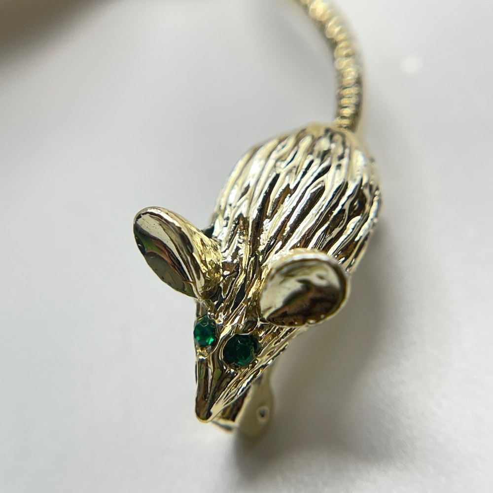 Vintage Gold Tone Mouse Brooch Pin Articulated Tail Green Eyes Figural